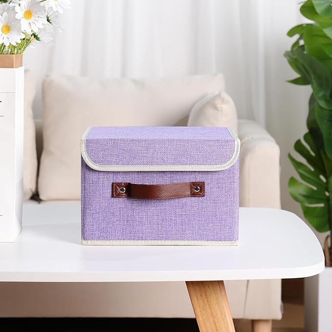 ANMINY Storage Bin with Lid Storage Boxes with PU Leather Handles PP Plastic Board Decorative Foldable Lidded Cotton Linen Fabric Home Cubes Baskets Closet Organizer Container - Purple, Small Size-CubbioJoy