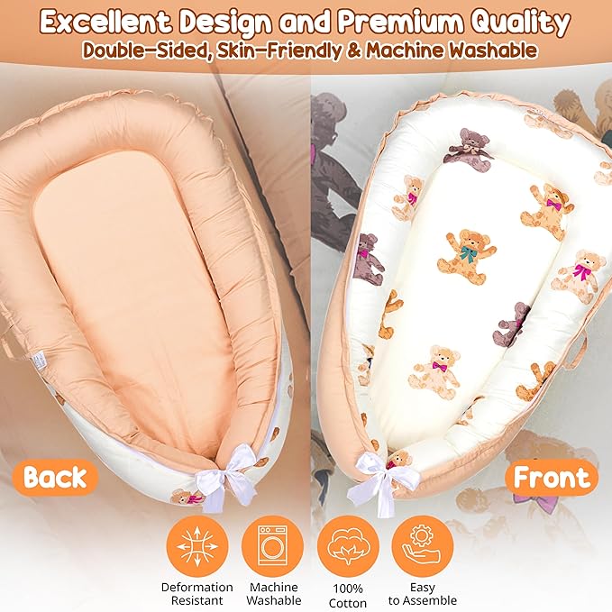 Baby Lounger - Baby Lounger for Newborn 0-24 Months, Breathable, Soft Cotton Baby Nest, Portable Infant Lounger for Home & Travel, Newborn Essentials Gift (Ivory Bear)-CubbioJoy