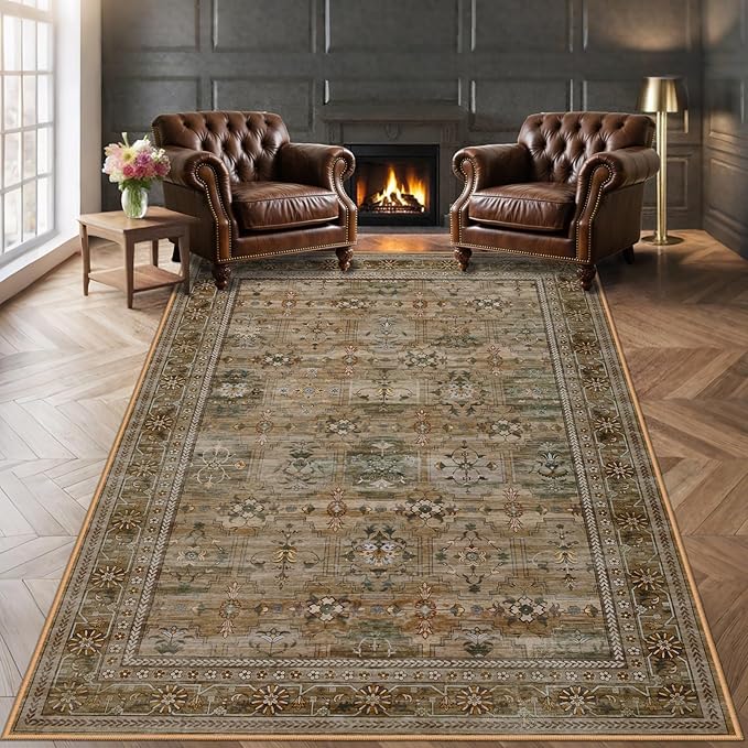 8x10 Washable Area Rug for Living Room, Non Slip Vintage Floral Print Rugs No Shedding, Distressed Thin Retro Accent Carpet for Bedroom Nursery Farmhouse Dining Room Olive/Charcoal-CubbioJoy