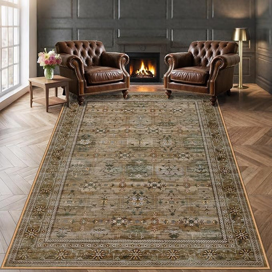 8x10 Washable Area Rug for Living Room, Non Slip Vintage Floral Print Rugs No Shedding, Distressed Thin Retro Accent Carpet for Bedroom Nursery Farmhouse Dining Room Olive/Charcoal-CubbioJoy