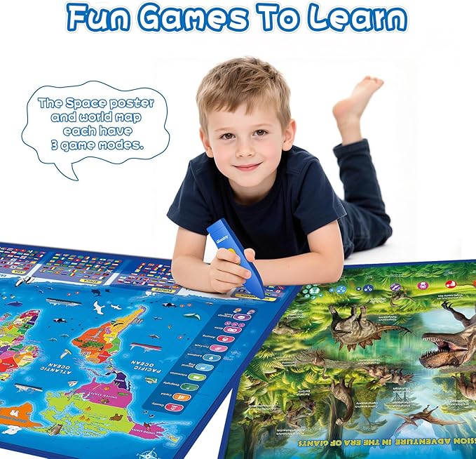 Bilingual Interactive Kids Talking World Map & Dinosaur Poster for Kids Learning and Educational Toys, Talking Educational Toys for 3 to 12 Years Old Girls/Boys, Preschool Learning Chart-CubbioJoy