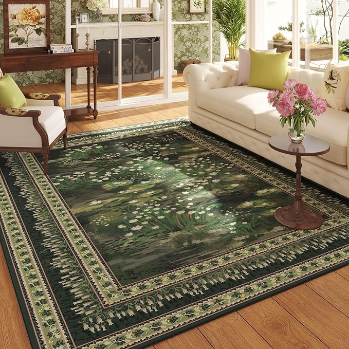 5x7 Area Rugs Impressionist-Style Vintage Washable Area Rug Non Slip Low Pile Large Rugs for Living Room Bedroom Farmhouse Dining Room Kids Playroom, Green-CubbioJoy