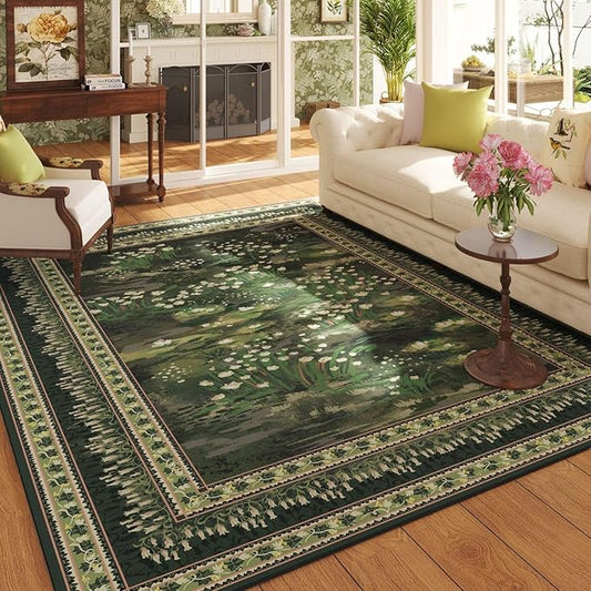 5x7 Area Rugs Impressionist-Style Vintage Washable Area Rug Non Slip Low Pile Large Rugs for Living Room Bedroom Farmhouse Dining Room Kids Playroom, Green-CubbioJoy