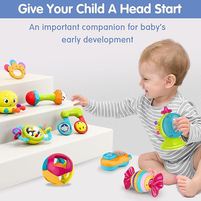 iPlay, iLearn 10pcs Baby Rattles Toys Set, Infant Grab Shake Rattle, Easy Hold Sensory Teether, Babies Development Learning Music Toy, Newborn Shower Birthday Gift 1 2 3 4 5 6 7 9 10 12 Month Boy Girl-CubbioJoy