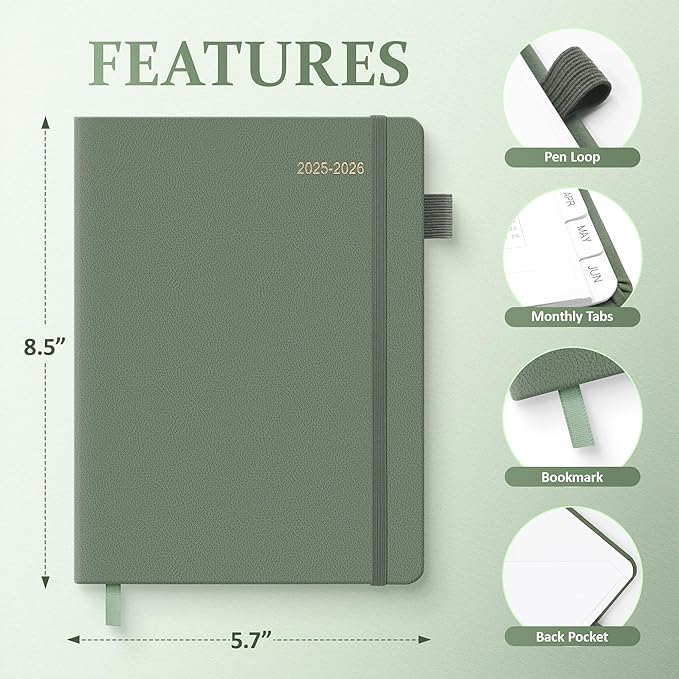 2025-2026 Planner for Women, Lather Weekly & Monthly Organizer, July 2025-June 2026, Hardcover with Gold Foil, Tabs, and Inspirational Pages - Ideal for Professionals, Green-CubbioJoy