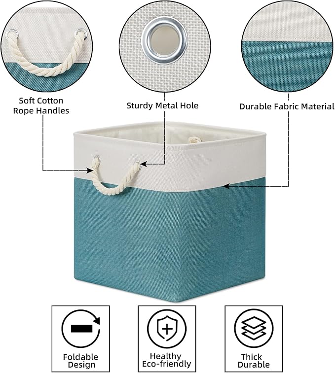 Bidtakay Fabric Baskets for Closets Shelves Lined Set of 3 Large Square Collapsible Storage Bins for Organizing 13 X 13 Cube Storage Bins for Pantry Organization Storage(Teal Blue)-CubbioJoy