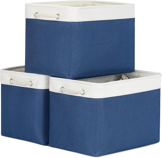 Bidtakay Large Storage Baskets for Shelves 3 Pack Fabric Storage Bins for Organizing Navy Blue Decorative Baskets Linen Collapsible Organizer for Closet-CubbioJoy