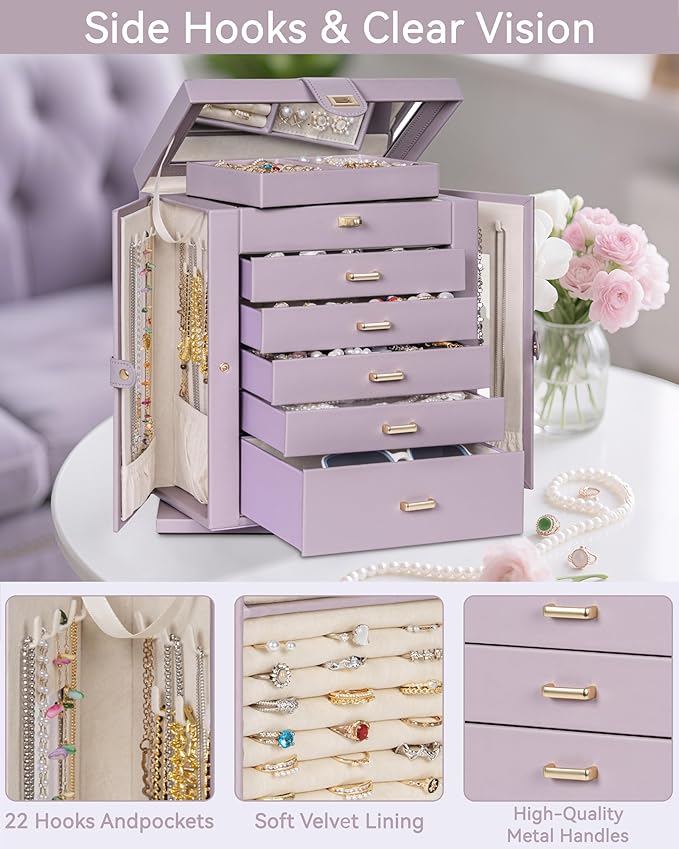 AKOZLIN 360° Rotating Jewelry Box 6-Tier Organizer Functional Jewelry Storage Case for Women Girls Ring Necklace Earring Bracelet Holder with Mirror Purple-CubbioJoy