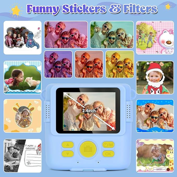 Instant Print Camera for Kids - 2.4 Inch Kids Camera Instant Print with Paper & 32G Card- Digital Children Toys as Christams Birthday Gifts for Girls Boys Age 3-12 - Blue-CubbioJoy