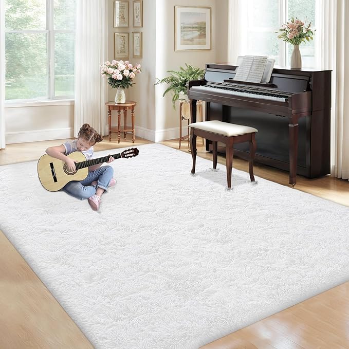 5x7 Area Rug for Living Room: Fluffy Shag Soft Washable Rugs Fuzzy Plush Indoor Carpet for Bedroom Nursery Playroom Dorm Kids Girls Boys Room (White, 5'x7')-CubbioJoy
