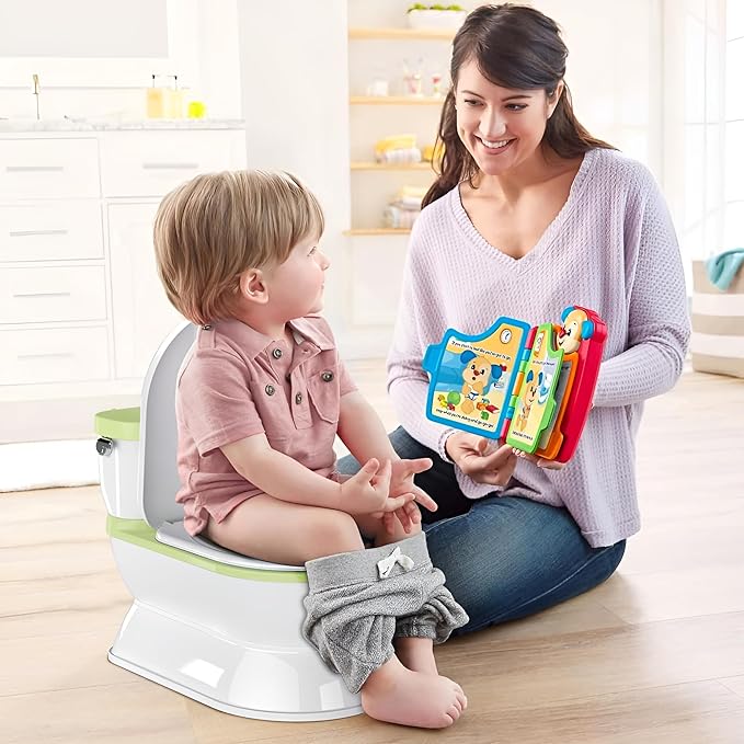 2-in-1 Toddler Potty Training Toilet - Larger Potty Chair & Detachable Training Seat for Boys & Girls Ages 1-3 with Flushing Sound, Wipes Storage, Toilet Paper Holder - Green-CubbioJoy