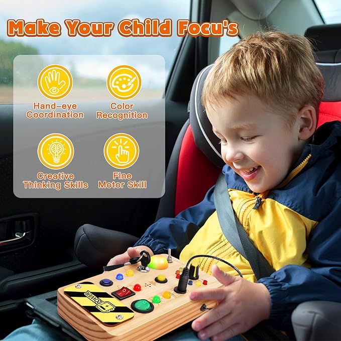 Busy Board Montessori Toys for Toddler, Wooden Sensory Board Switch Toy with Color-Changing LED Light Up Travel Toys Educational Plane Travel Activity for 1-6 Year Old Girls & Boys Gifts-CubbioJoy