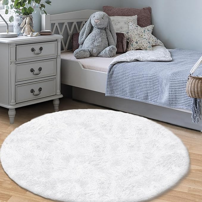 4FT Round Rug for Bedroom: Fluffy Shag Soft Washable Rugs Circle Small Fuzzy Plush Indoor Carpet for Living Room Nursery Playroom Dorm Kids Girls Boys Room (White, 4'x4')-CubbioJoy