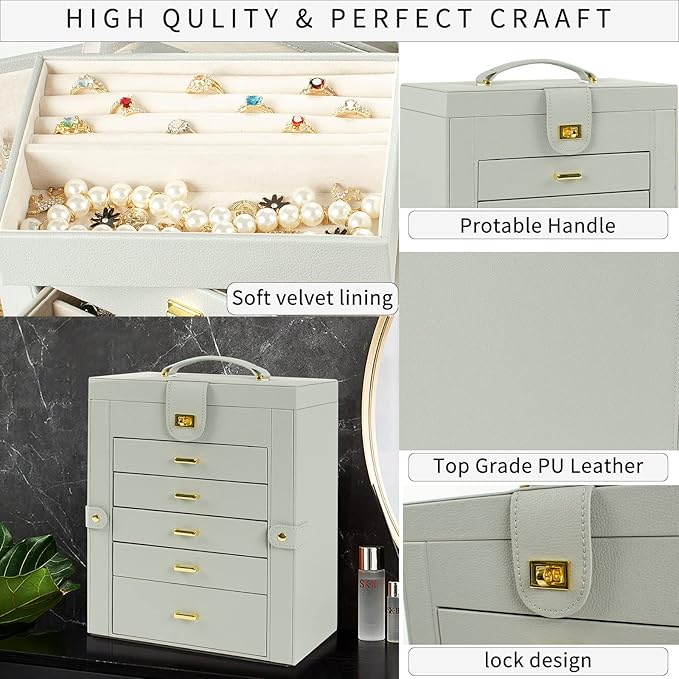 AKOZLIN Large Jewelry Box Organizer Functional Lockable with Big Mirror, Leather Jewelry Storage Case for Women Girls Ring Necklace Earring Bracelet Holder Organizer Grey-CubbioJoy