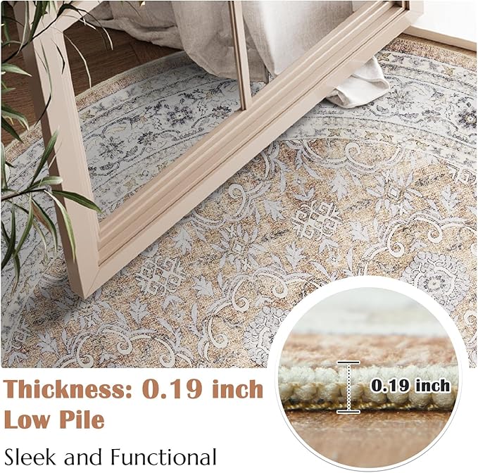 jinchan Round Rug 6ft Washable Circle Soft Rug - Low Pile Vintage 6'Round Indoor Orange Floral Print Stain Resistant Boho Carpet Ultra-Thin Non-Slip for Living Room Nursery Bedroom Dining Room Kitchen-CubbioJoy