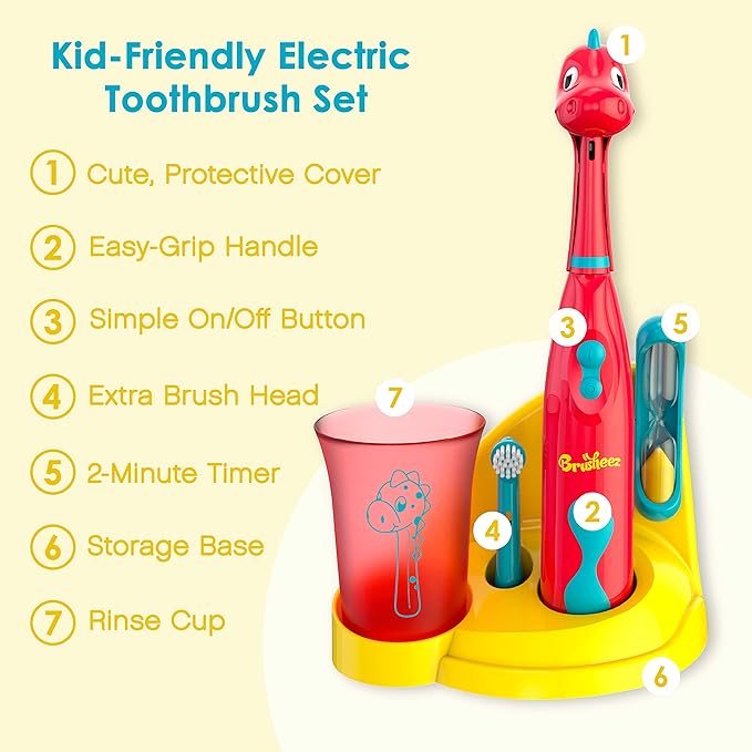 Brusheez Kids’ Electric Toothbrush Set - Safe & Effective for Ages 3+ - Parent Tested & Approved with Gentle Bristles, 2 Brush Heads, Rinse Cup, 2-Minute Timer, & Storage Base (Pepper The Dino)-CubbioJoy