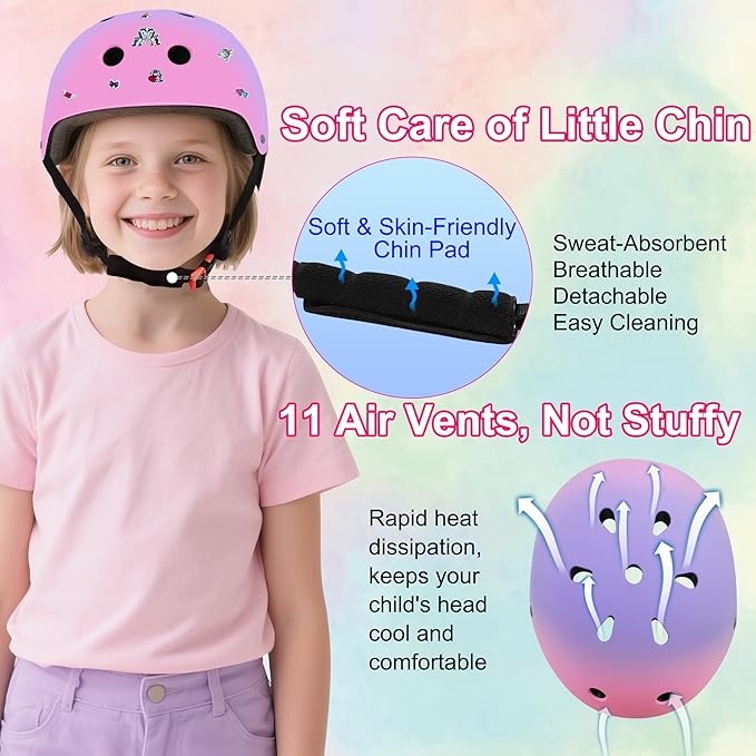 Kids Bike Helmet with DIY Stickers and Knee Pads Elbow Pads Wrist Guard Set for Ages 3-8-14 Toddler Boys Girls Helmet for Roller Skates Cycling Skateboarding Bicycle Scooter-CubbioJoy