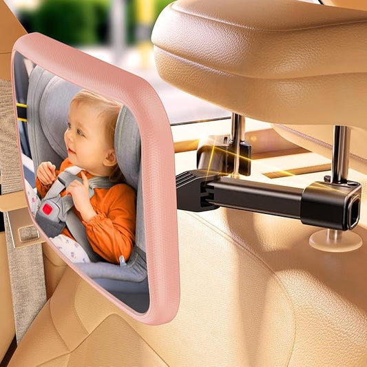 Car Mirror for Baby - Hook Clip Design, Never Shake Car Seat Mirror, Rear Facing, Easy Install, Back Seat Crystal Clear View, ShatterProof Tested - Pink-CubbioJoy