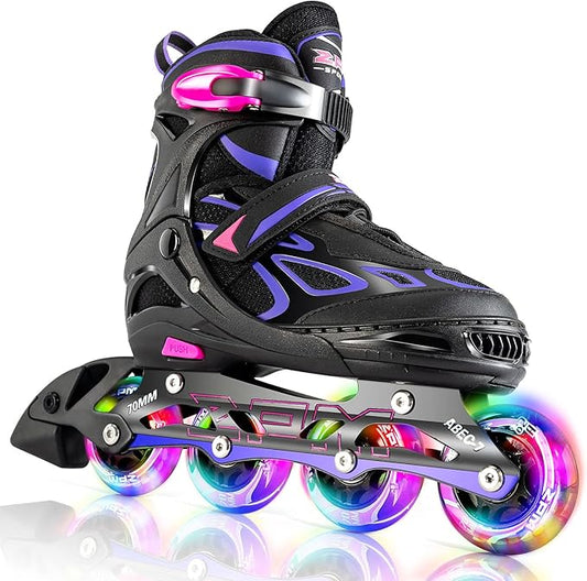2PM SPORTS Vinal Girls Adjustable Flashing Inline Skates, All Wheels Light Up, Fun Illuminating Skates for Kids Men Adult Women and Boys-CubbioJoy