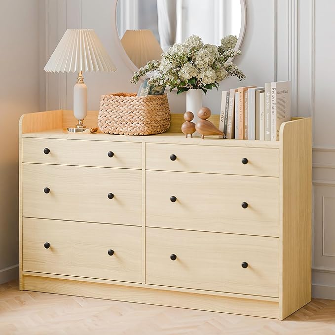 Cozy Castle Baby Dresser with 6 Drawers and Large Table Top, Multi-Functional Chest of Drawer, Drawer Dresser with Three-Sided High Rails for Nursery, Children's Room, Bedroom, Oak-CubbioJoy