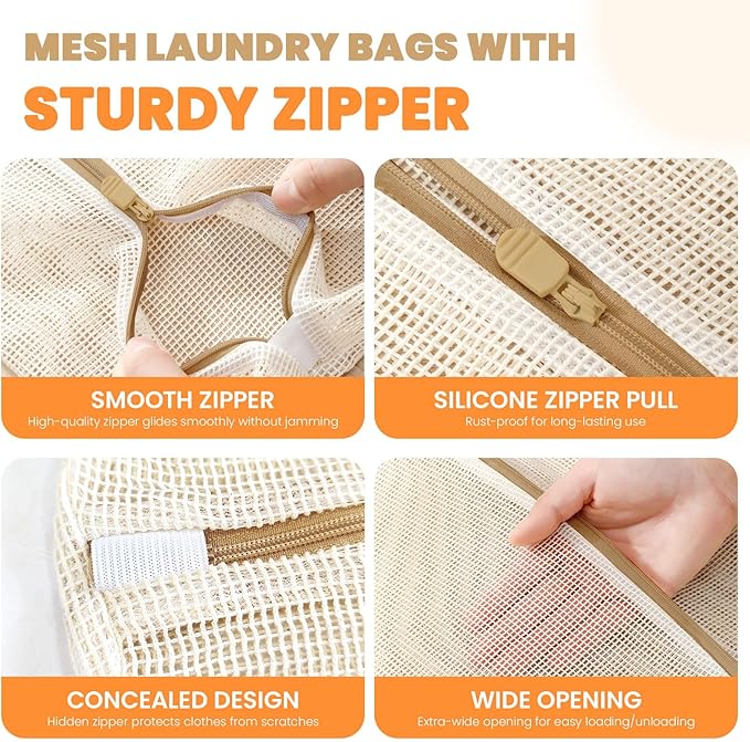 4Pcs Cotton Mesh Laundry Bags for Delicates,Breathable Mesh Garment Bag for Washing Machine, Travel Wash Bags with Zipper for Bras, Underwear, Socks, Clothes, Laundry Dorm Room Essentials(S-XL)-CubbioJoy