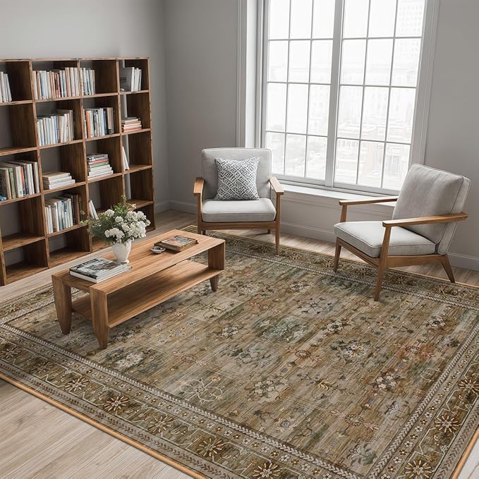 5x7 Washable Area Rug for Living Room Dining Room, Distressed Non Slip Vintage Floral Rugs for Bedroom, Traditional Indoor Floor Carpet for Dining Kitchen Farmhouse Olive/Charcoal-CubbioJoy