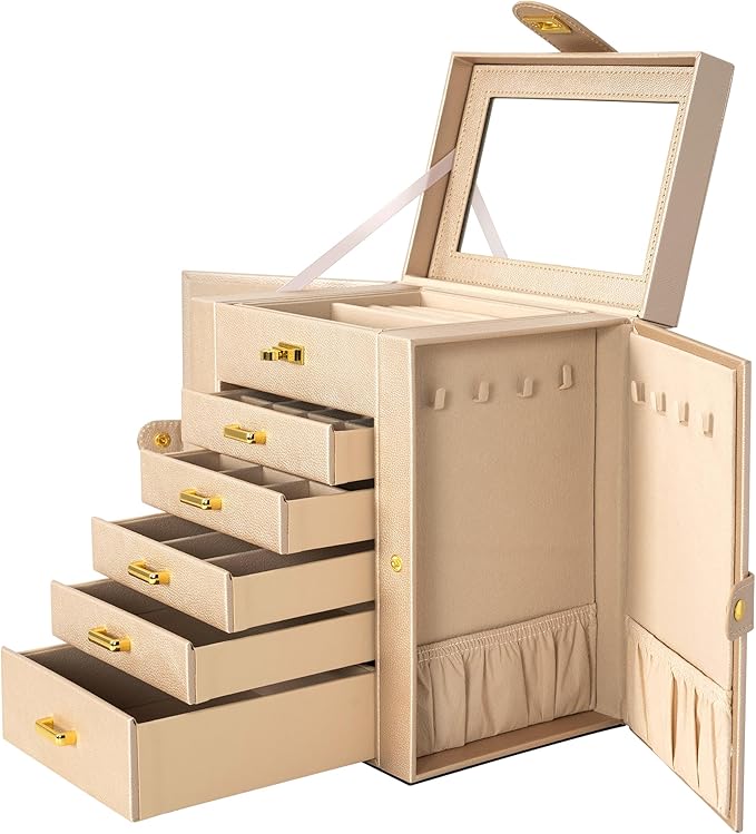 AKOZLIN 6-Tier Jewelry Box Organizer Functional Leather Jewelry Storage Case for Women Girls Ring Necklace Earring Bracelet Holder Organizer with Mirror-CubbioJoy