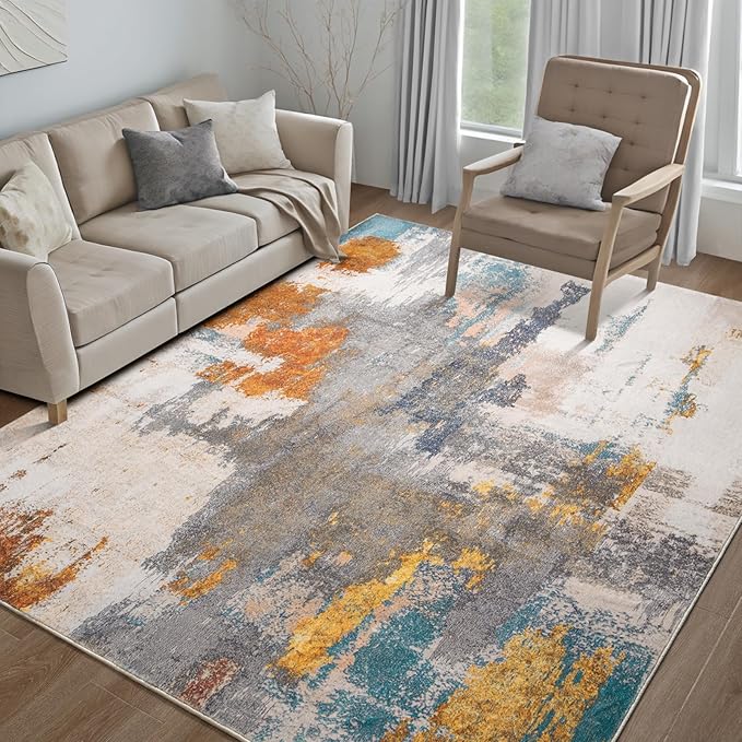 Kelarea Living Room Rug, 8x10 Rug Modern Abstract Washable Rugs Grey Faux Wool Vintage Carpets, Non Slip Rugs for Bedroom, Dining Room, College Dorm, Kids Playroom, Home Office-CubbioJoy