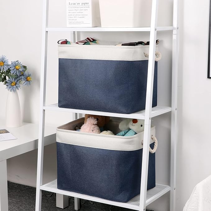 Bidtakay Fabric Storage Baskets with Handles for Organizing 16" x 11.8" x 11.8" Navy Blue Baskets [2-Pack] Shelf Baskets Large Canvas Collapsible Bins for Closet (White&Blue)-CubbioJoy
