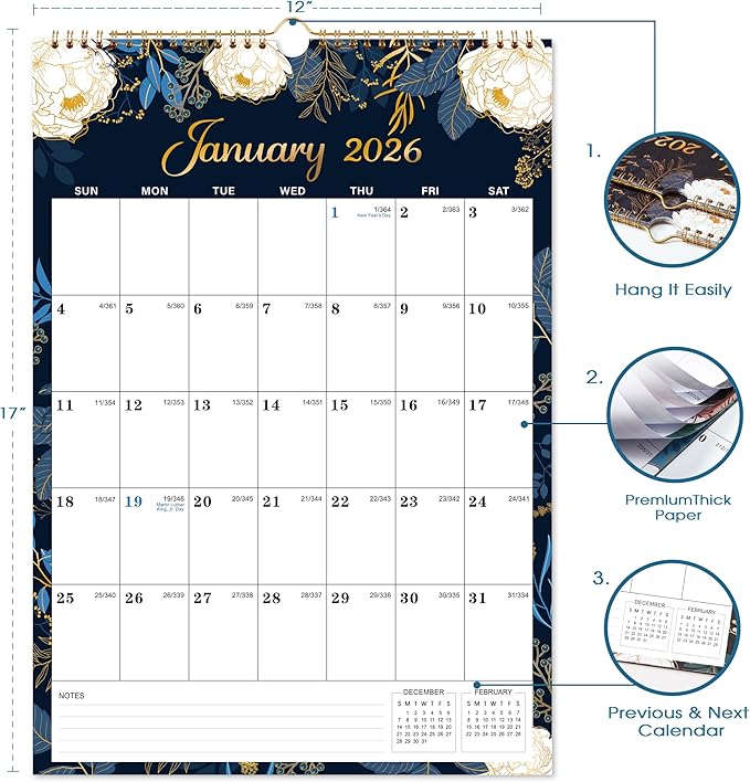 Calendar 2026 - Wall Calendar 2026, 12 x 17 In, Jan. 2026 - Dec. 2026, 12 Months Calendar 2026, Twin-Wire Binding, Hanging Hook, Thick Paper, Unruled Blocks, Julian Dates-CubbioJoy