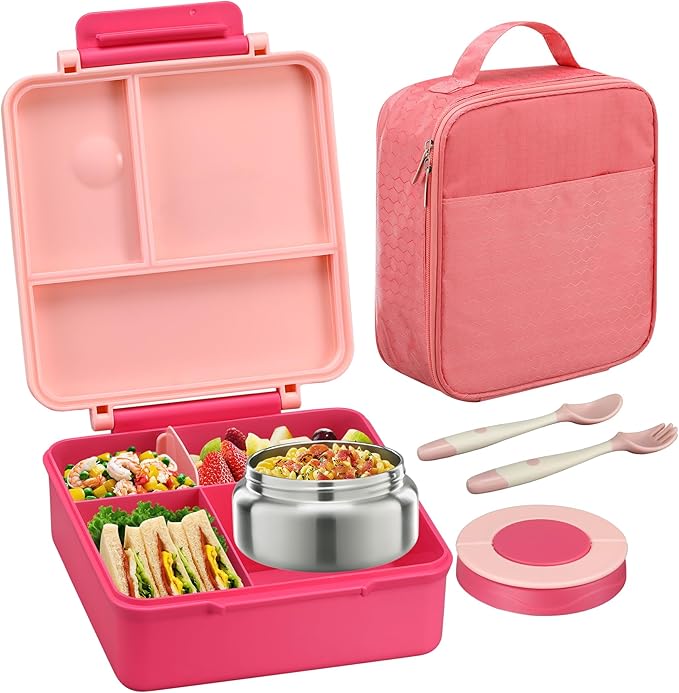 Bento Lunch Box for Kids with 8oz Soup Thermo&Lunch Bag, Leak-Proof Lunch Food Containers with 4 Compartment, Hot Food Insulated Food Jar for Kids School (Pink)-CubbioJoy