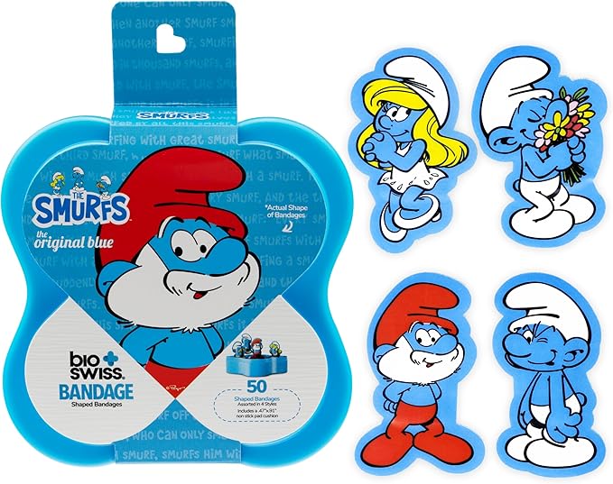 BioSwiss Bandages, The Smurfs Classic Shaped Self Adhesive Bandage, Latex Free Sterile Wound Care, Fun First Aid Kit Supplies for Kids and Adults, 50 Count Plastic Case-CubbioJoy