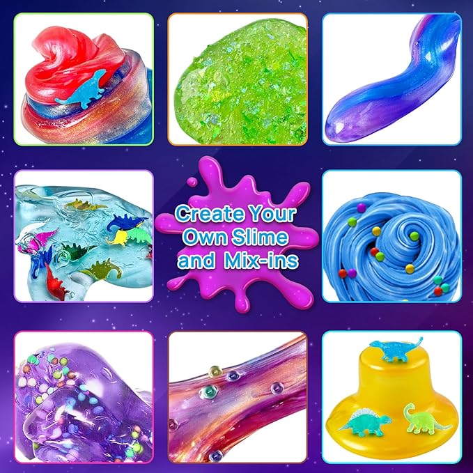 Dinosaur Slime Kit for Girls, Glimmer Crunchy, Galaxy Slime Making Kit for Kids 6-12, Glow in The Dark DIY Slime Kit with Add-ins, Foam Balls, Charms, Glitters, Dinosaur Gift Toys-CubbioJoy
