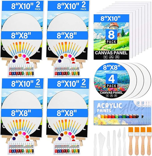 12 Pack 8x10” Canvas Boards and Round Canvas for Painting, Couple Painting Kit with Wood Easel, Acrylic Paint, Paint Brushes Set for Kids Teenagers Adults Date Night Sip and Paint Party-CubbioJoy