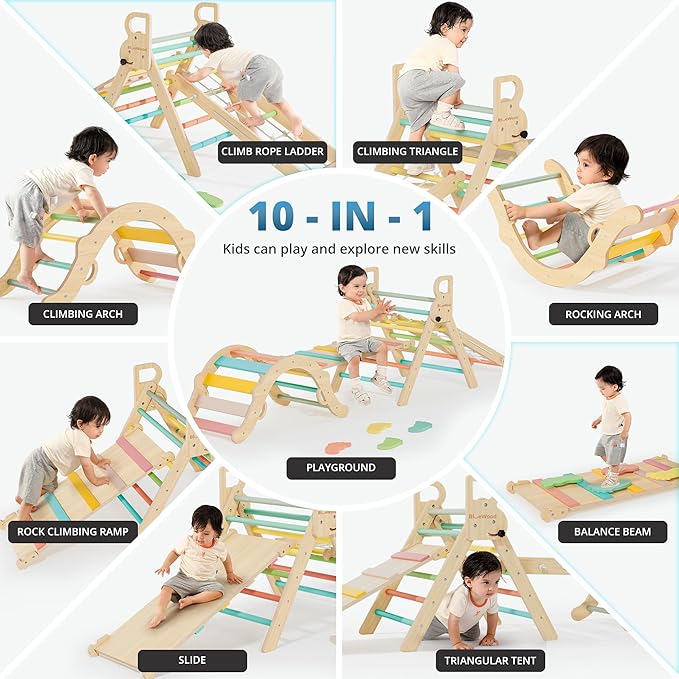 BlueWood 10-in-1 Pikler Triangle Set, Toddler Climbing Toys Indoor, Montessori Climber, Baby Jungle Gyms with Arch, Extra Rope Ladder & Footprint Balance Beam - Rose Garden-CubbioJoy