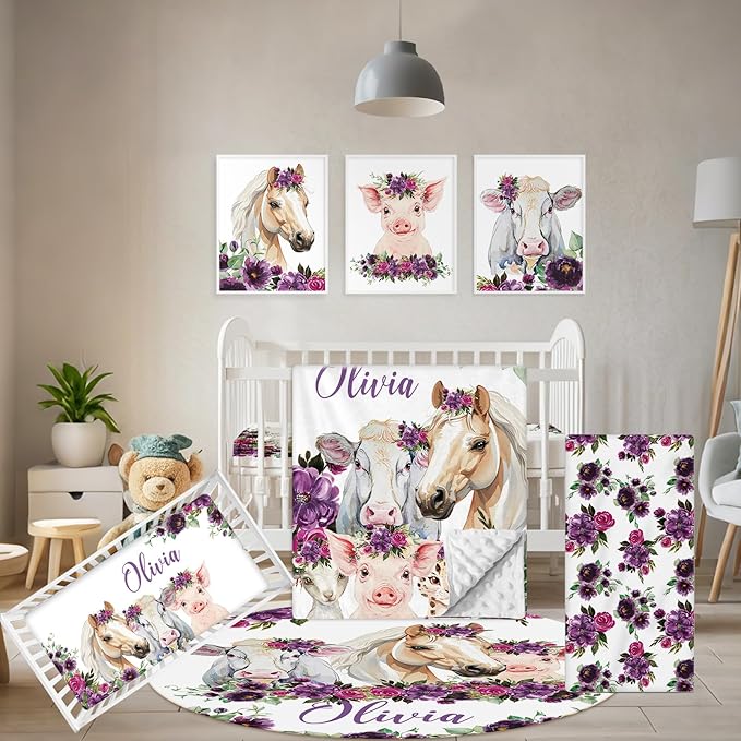Custom Baby Crib Bedding Set, 5 Pcs Personalized Name Baby Crib Sets for Infant Toddler, Floral Horse Nursery Bedding Set for Baby Girls, Double Layer Baby Bedding Sets, Gifts for New Parents-CubbioJoy