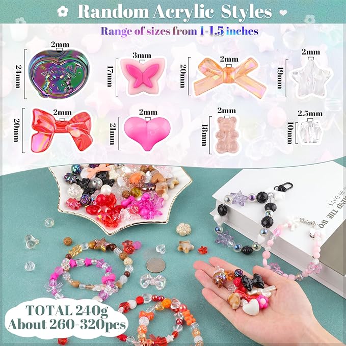 Assorted 260-320PCS Acrylic Beads for Bracelet Making, Flower Bow Butterfly Candy GummyBear Kawaii Aesthetic Beads,Cute Bead for Jewelry Making DIY Necklace Keychain Phone Charms(6 Colors)-CubbioJoy