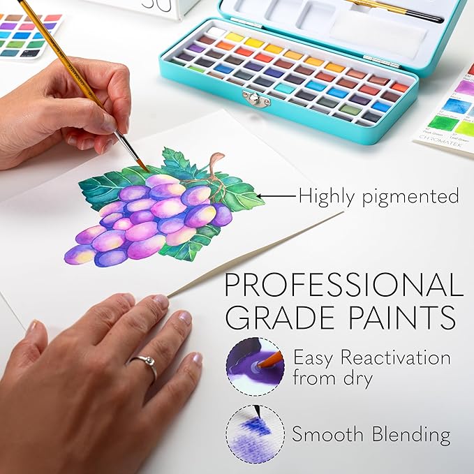 CHROMATEK Watercolor Paint Set – 50 Vivid Colors Including Transparent, Opaque & Pastel – Art Kit with Brush, Water Pen, Palette, Color Chart, Swatch Sheets, Pad & Metal Travel Case-CubbioJoy