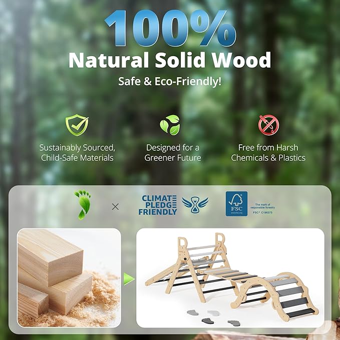 BlueWood 10-in-1 Pikler Triangle Set, Toddler Climbing Toys Indoor, Montessori Climber, Baby Jungle Gyms with Arch, Extra Rope Ladder & Footprint Balance Beam - Grey Twilight-CubbioJoy