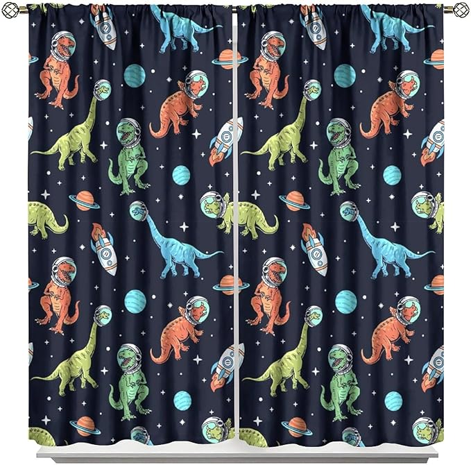 Cartoon Dinosaur Curtains for Kids Boys Girls Home Decor, Astronaut Rocket Funny Outer Space Blackout Rod Pocket Window Drapes for Bedroom Living Room W31.5xL72in 2 Panels-CubbioJoy