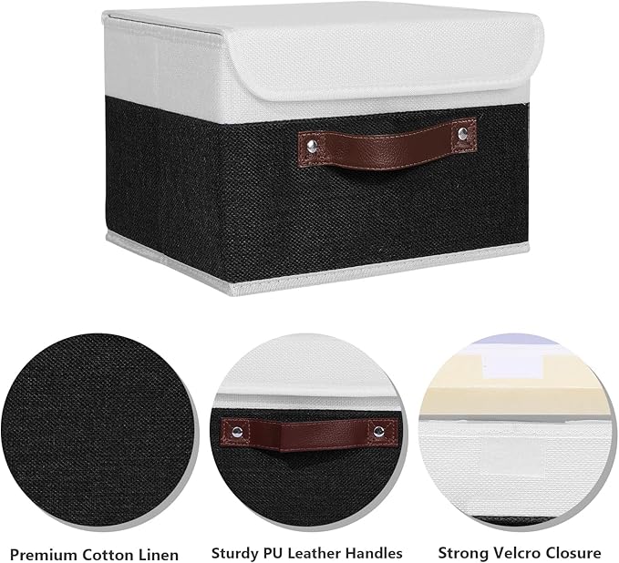 ANMINY Storage Boxes with Lids Washable Decorative Storage Bins Basket with PU Leather Handle Foldable Linen Fabric Storage Cubes Containers for Home Closet Organizer - Black White, Small Size-CubbioJoy