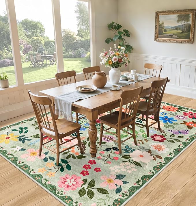 Area Rugs 9x12 Living Room: Floral Washable Rug Vintage Large Soft Boho Non-Slip Carpet Indoor Stain Resistant Low Pile Carpets for Bedroom Dining Room Farmhouse Nursery Hallway Home Office Green-CubbioJoy
