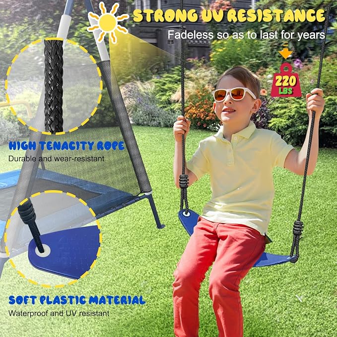 440lbs Kids Swing Set, 3-in-1 Outdoor Playground with Platform Swing, Belt Seat & 4ft Trampoline, Heavy Duty A-Frame Metal Stand & Safety Stakes, Backyard Playset for Toddlers 3-8 Years Old-CubbioJoy
