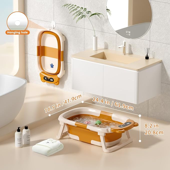 Collapsible Baby Bathtub with Soft Towel and Floating Cushion, Infant Bathtub for Newborn to Toddler (0-18 Month), Portable Baby Bath Tub for Travel (Brown Bear)-CubbioJoy
