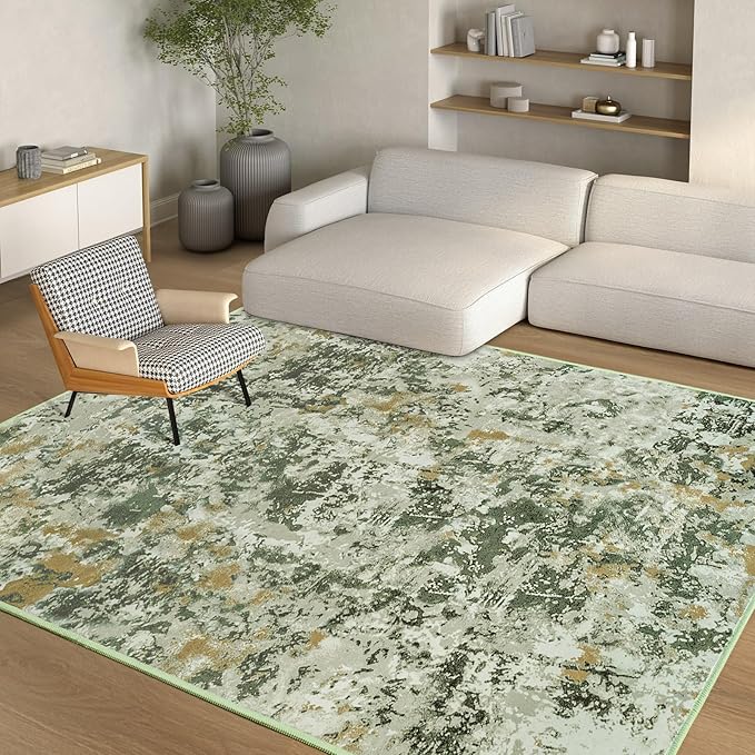 Kelarea 4x6 Rug for Living Room, Green Washable Non-Slip Rugs, Low Pile Soft Modern Abstract Carpet for Bedroom, Kitchen, Dining Room, Classroom, Dorm, Nursery, Home Office-CubbioJoy