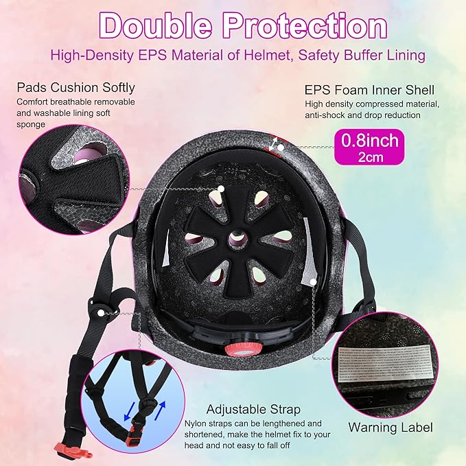 Kids Bike Helmet with DIY Stickers and Knee Pads Elbow Pads Wrist Guard Set for Ages 3-8-14 Toddler Boys Girls Helmet for Roller Skates Cycling Skateboarding Bicycle Scooter-CubbioJoy