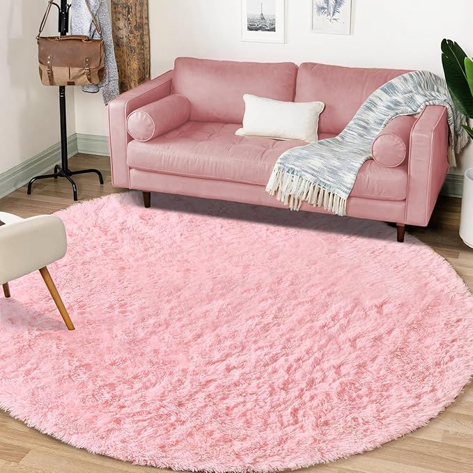 4FT Round Rug for Bedroom: Fluffy Shag Soft Washable Rugs Circle Small Fuzzy Plush Indoor Carpet for Living Room Nursery Playroom Dorm Kids Girls Boys Room (Pink, 4'x4')-CubbioJoy