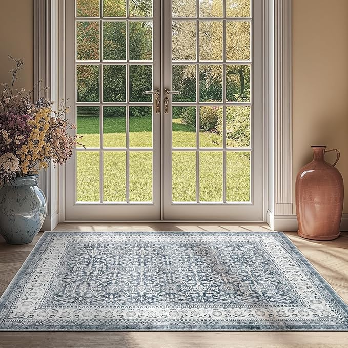 jinchan Floral 3x5 Area Rugs for Entryway - Taupe Vintage Distressed Design Doormat Non-Slip Ultra-Thin Low Pile Boho Rug for Kitchen Living Room Bedroom Farmhouse (3‘x5',Grey)-CubbioJoy