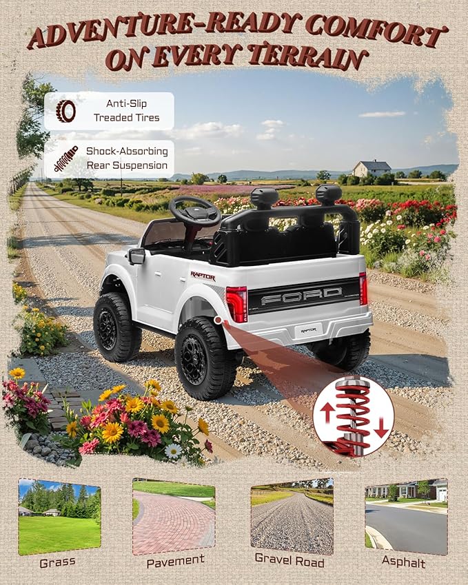 24V Kids Ride On Truck, Licensed Ford F-150 Raptor 2 Seater Electric Car w/Remote Control, Toddler Ride On Car Toys w/LED Lights, Bluetooth, Music, Truck Bed Storage, Soft Start (White)-CubbioJoy