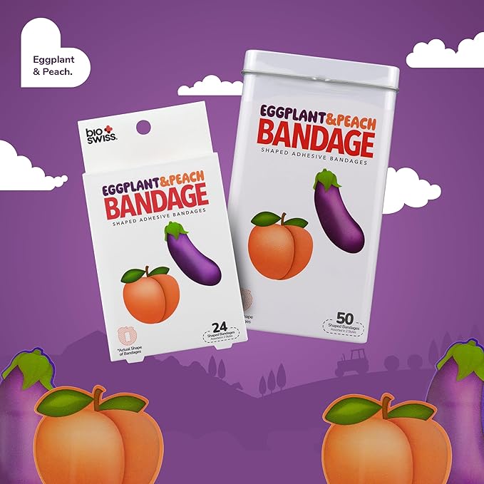 BioSwiss Bandages, Eggplant and Peach Shaped Adult Self Adhesive Bandage, Latex Free Sterile Wound Care, Funny First Aid Kit Supplies for Adults, 24 Count-CubbioJoy